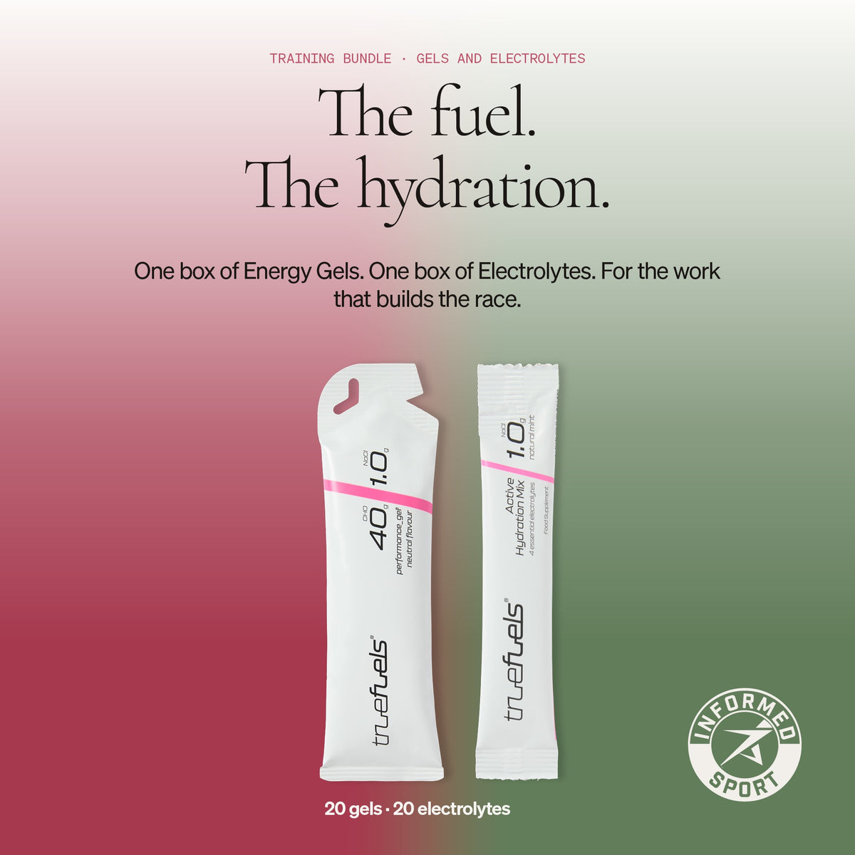 Training Bundle: one box of Energy Gels and one box of Electrolytes. The fuel. The hydration.